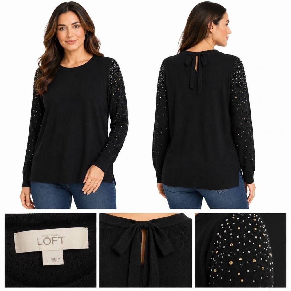 LOFT Black Embellished Sleeve Sweater Large